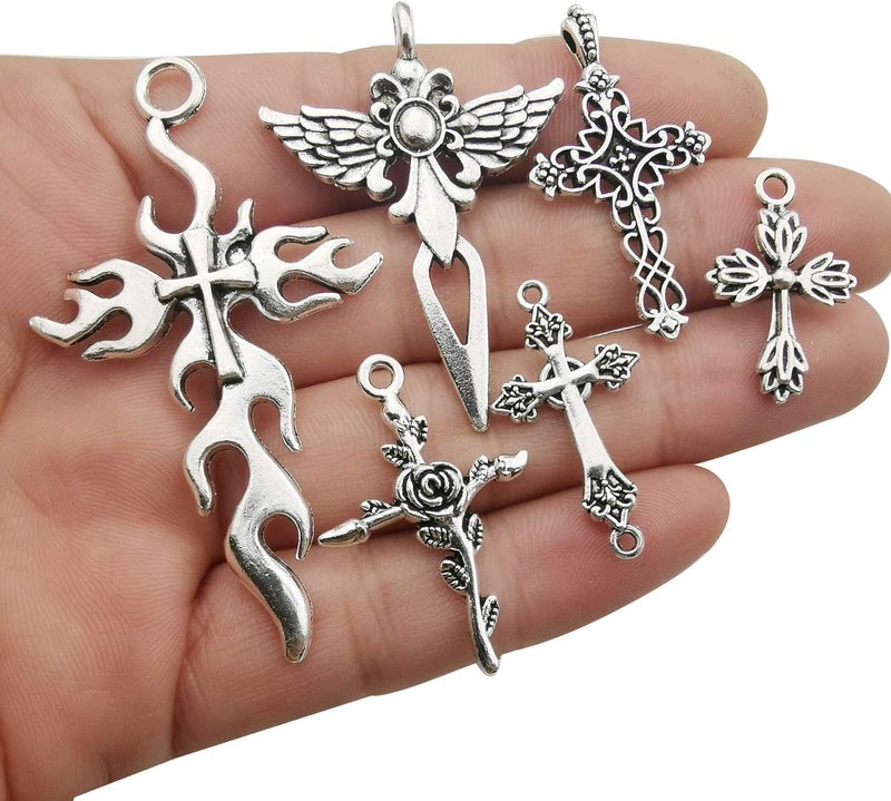 iloveDIYbeads 100 جرام (حوالي 42 قطعة) مستلزمات الحرف اليدوية تعويذات صليب يسوع المسيح الفضي العتيق لصنع الحرف، مستلزمات صنع المجوهرات ملحقات لصنع قلادة أو سوار (M266) - Image 2